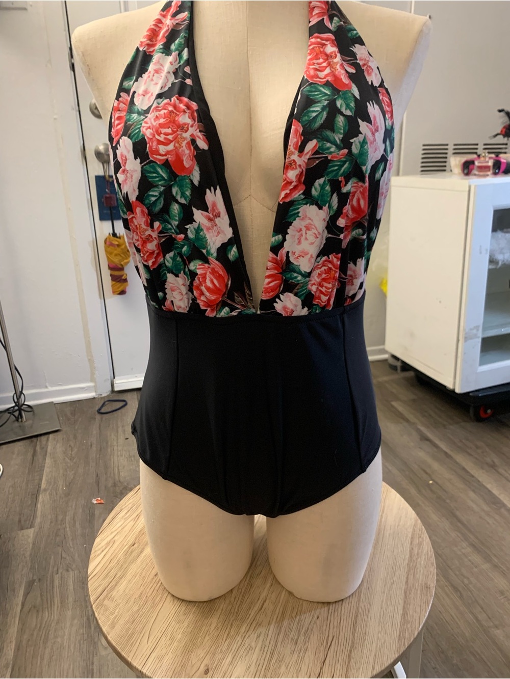 Floral Plunge Halter One-Piece Swimsuit - Black with Red/Pink Floral